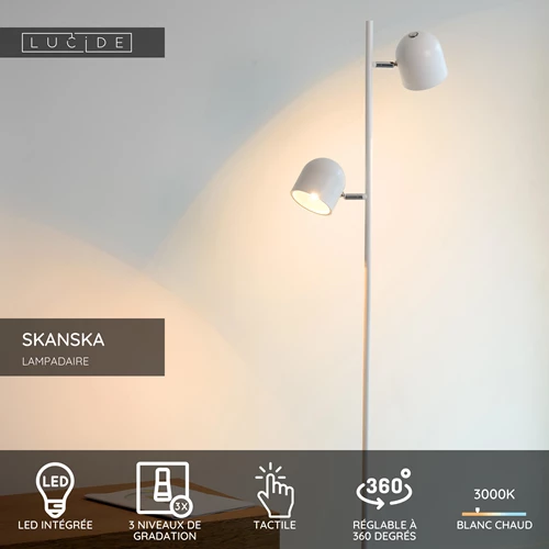 Lucide SKANSKA - Lampadaire - LED 3 StepDim - 2x5W 3000K - Blanc - USP